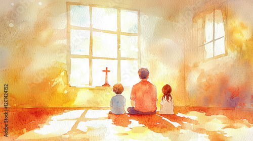 Watercolor Illustration of a Father and Children Reflecting on Ash Wednesday. Concept of Family Bonding, Spiritual Reflection