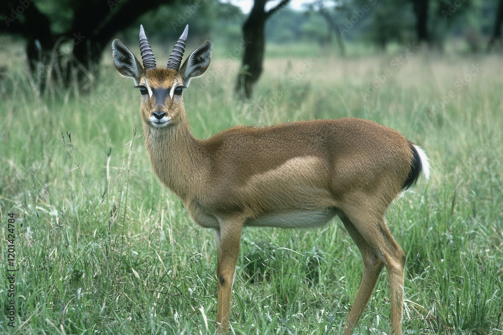 Fototapeta premium A tranquil image of a reedbuck standing alert in a grassy marshland