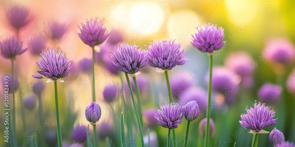 Close up macro photograph of a flowering chive plant thriving in a vibrant kitchen garden, showcasing the delicate blossoms and green foliage of the chive plant in its natural setting.