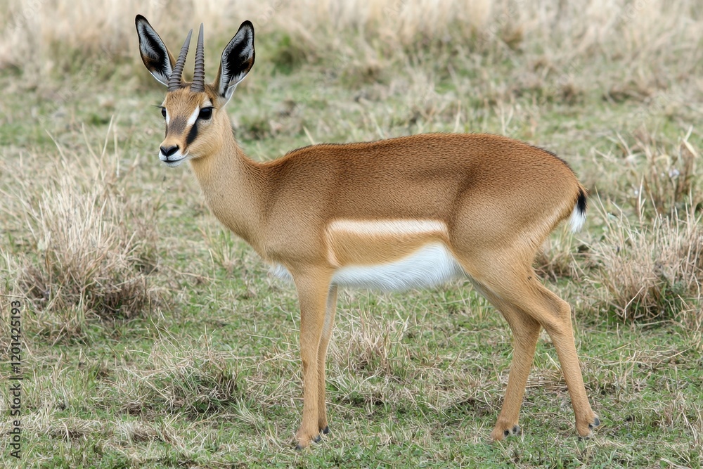 Fototapeta premium A tranquil image of a reedbuck standing alert in a grassy marshland