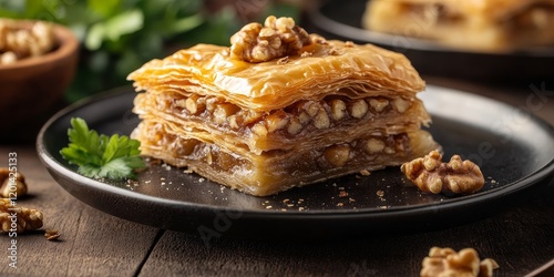 Indulge in the deliciousness of baklava, a traditional dessert celebrated for its layers of honey and walnuts. This gourmet baklava, beautifully shaped, highlights the essence of this beloved treat.