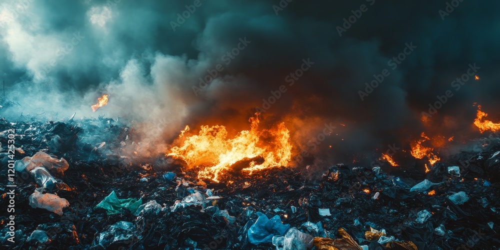 Fire burns garbage and waste plastic, creating smoke from the incineration of plastic waste. This image captures the fire, flame, and pollution caused by the burning of garbage waste. Fire burns garbage and waste plastic, creating smoke from the incineration of plastic waste. This image captures the fire, flame, and pollution caused by the burning of garbage waste.