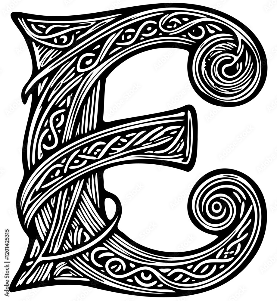 Fototapeta premium Celtic Letter E Book of Kells Irish Gothic Medieval Ornate Calligraphy Vector Typography