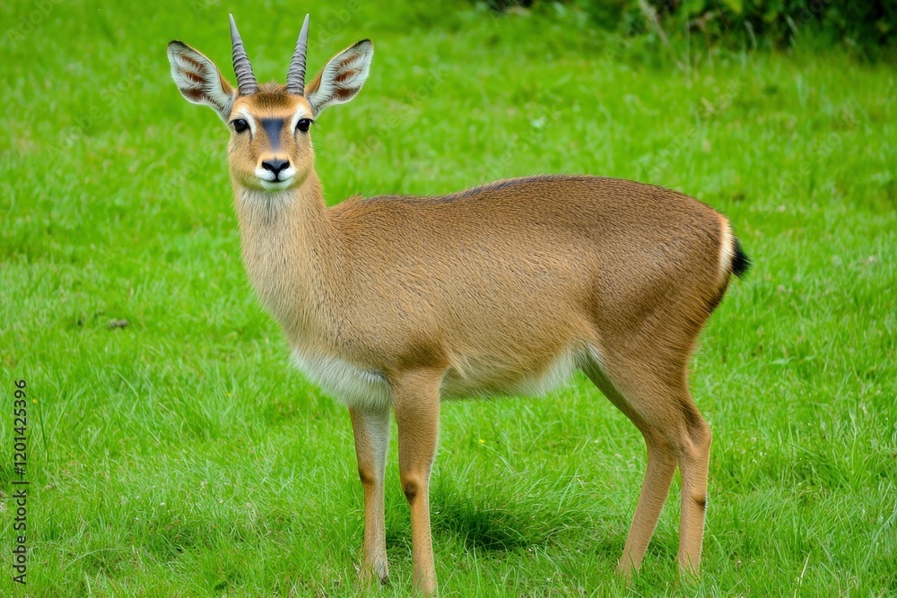 A tranquil image of a reedbuck standing alert in a grassy marshland A tranquil image of a reedbuck standing alert in a grassy marshland