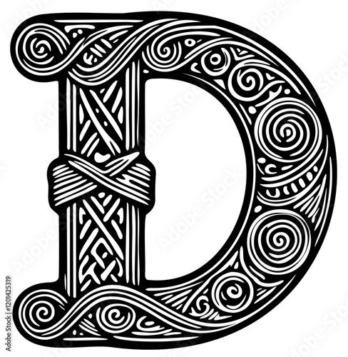Celtic Letter D Book of Kells Irish Gothic Medieval Ornate Calligraphy Vector Typography