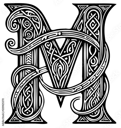 Celtic Letter M Book of Kells Irish Gothic Medieval Ornate Calligraphy Vector Typography
