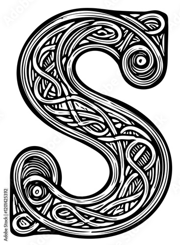 Celtic Letter S Book of Kells Irish Gothic Medieval Ornate Calligraphy Vector Typography