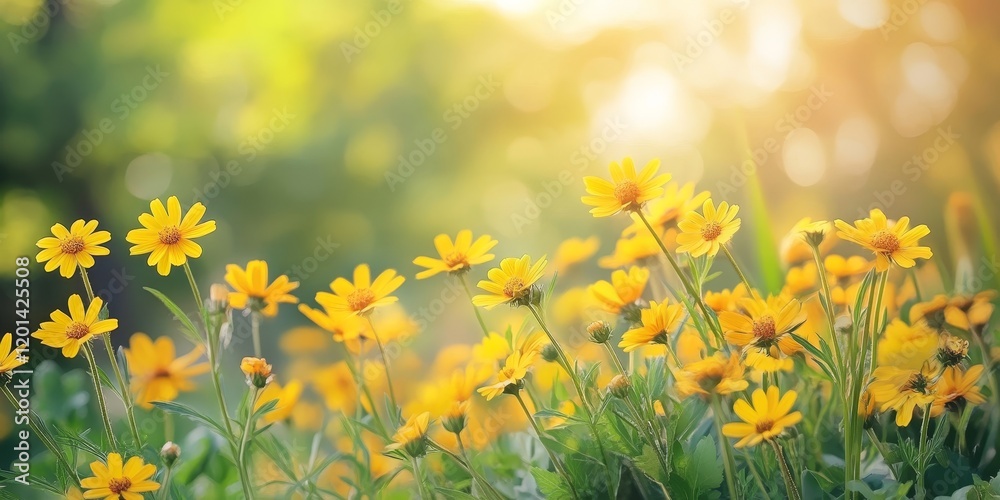 Obraz premium Vibrant summer flowers in full bloom showcase yellow chamomile blossoms decorating a lush meadow, creating a stunning background filled with cheerful summer flowers and their beauty.