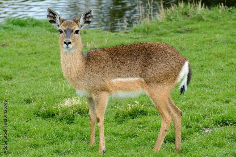 A tranquil image of a reedbuck standing alert in a grassy marshland A tranquil image of a reedbuck standing alert in a grassy marshland