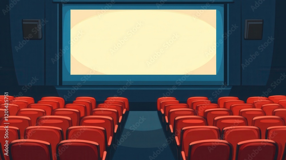 People in the cinema auditorium with Cinema blank wide screen and red chairs in the cinema hall,People silhouettes watching movie performance,empty white screen,space for text,copy space. People in the cinema auditorium with Cinema blank wide screen and red chairs in the cinema hall,People silhouettes watching movie performance,empty white screen,space for text,copy space.