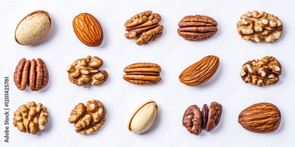 Delicious nuts displayed in isolation on a bright white background, highlighting the tasty nuts appealing texture and vibrant colors. Perfect for showcasing the allure of tasty nuts. Delicious nuts displayed in isolation on a bright white background, highlighting the tasty nuts appealing texture and vibrant colors. Perfect for showcasing the allure of tasty nuts.