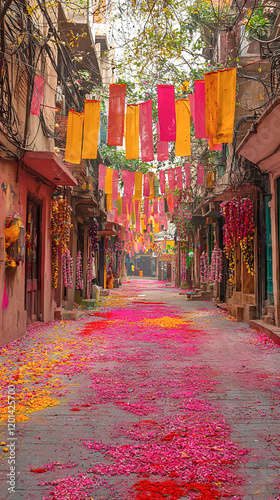 Empty Street Decorated for Indian Holi Festival with Colorful Flags and Flowers. Concept of Cultural Celebration, Street Art photo