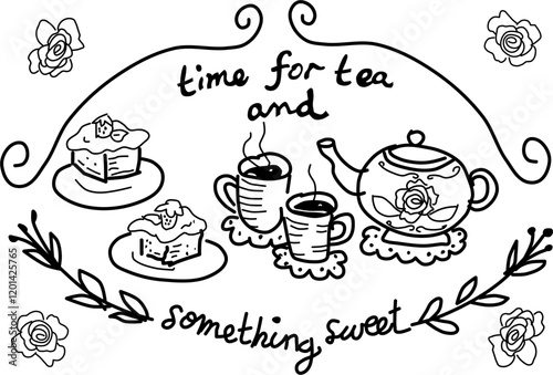 Hand-drawn tea time vector doodle. Floral tea pot, tea cups, roses, and cake on a white background. An invitation for tea and something sweet. 