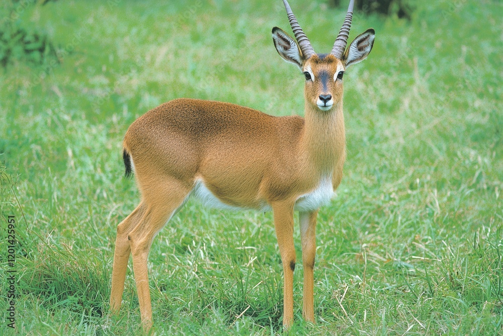A tranquil image of a reedbuck standing alert in a grassy marshland A tranquil image of a reedbuck standing alert in a grassy marshland