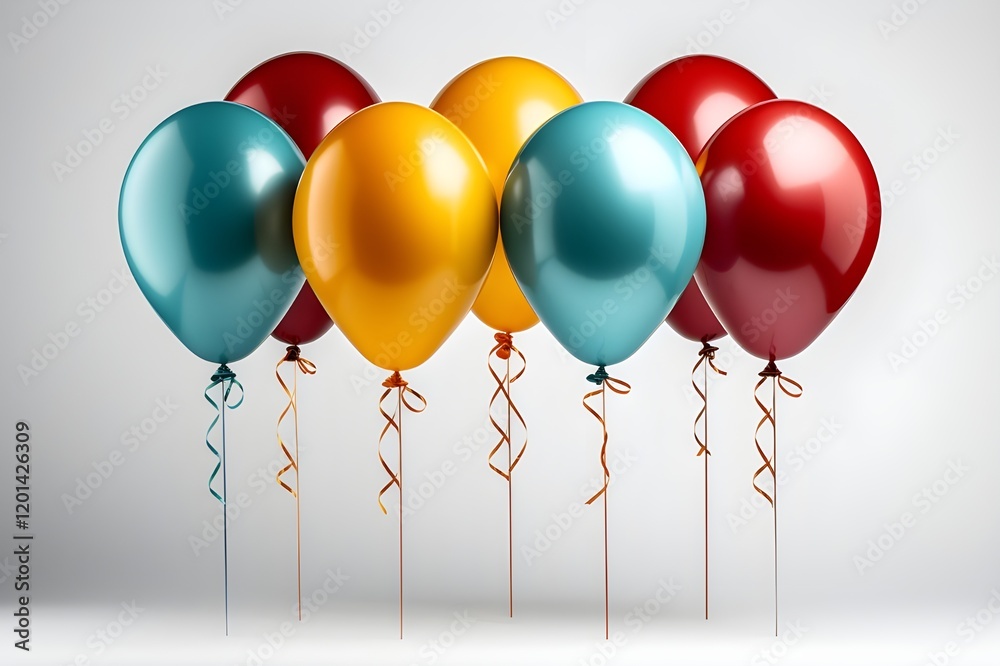 A colorful set of cartoon balloons (blue, red, yellow, and green) with ropes, floating joyfully in the air, isolated on a clean white background, perfect for birthday and carnival themes A colorful set of cartoon balloons (blue, red, yellow, and green) with ropes, floating joyfully in the air, isolated on a clean white background, perfect for birthday and carnival themes
