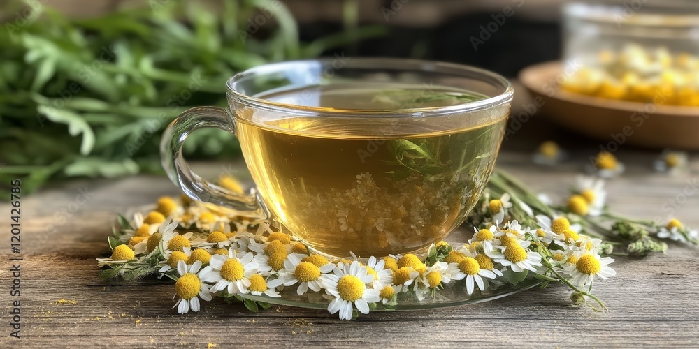 Fototapeta premium Herbal chamomile tea served with dried chamomile flowers highlights the healing properties of chamomile. This chamomile infusion supports immune health, embodying folk and traditional medicine