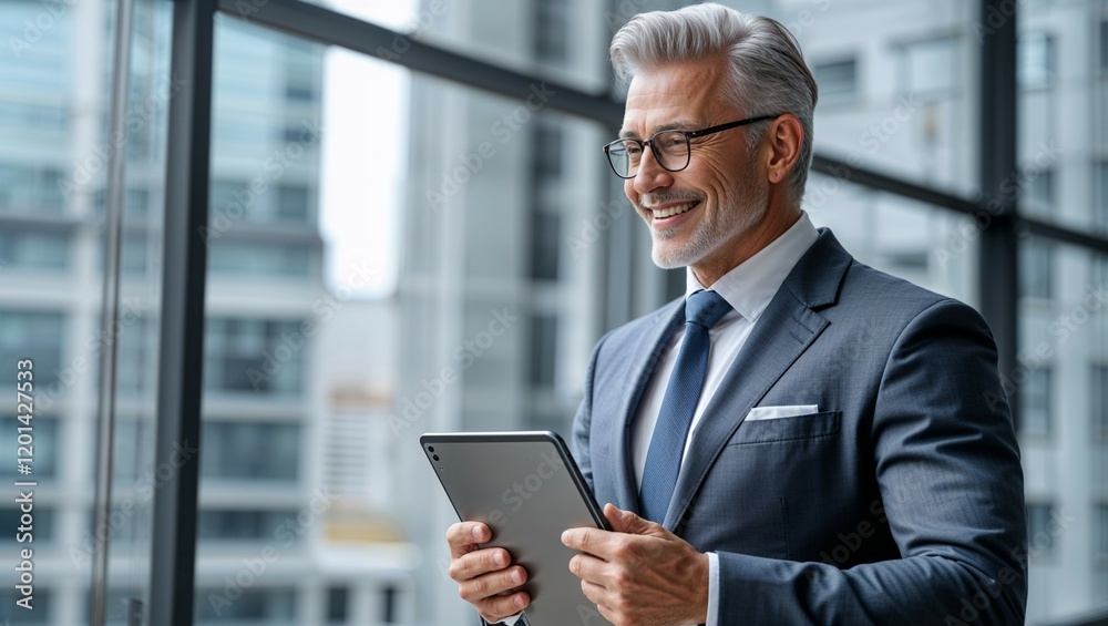 Handsome businessman in a suit using a tablet computer in the office, smiling and looking professional while working on technology Handsome businessman in a suit using a tablet computer in the office, smiling and looking professional while working on technology