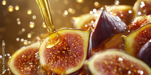 Honey cascading over sliced figs creates a delightful visual. This image of honey and figs showcases the perfect pairing and celebrates the rich flavors of honey drenching fresh figs. photo