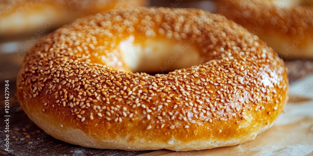Close up of a delicious Turkish bagel, known as simit, showcasing its golden brown crust and sesame topping, making it an irresistible ready to eat treat perfect for any occasion. Close up of a delicious Turkish bagel, known as simit, showcasing its golden brown crust and sesame topping, making it an irresistible ready to eat treat perfect for any occasion.