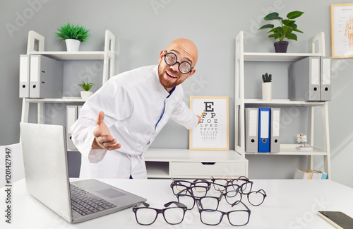 Funny ophthalmologist, optometrist is conducting a vision and eye health checkup. Doctor uses an eye chart, alphabet and eyeglasses for ophthalmology examination process, insures healthcare. photo