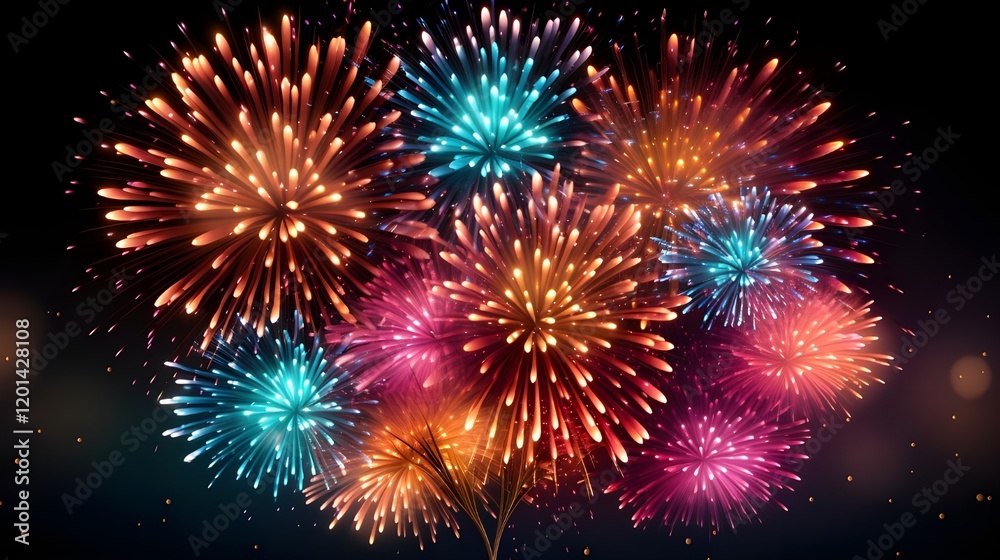 A dynamic high-definition image of isolated colorful fireworks in vector style, exploding with bright hues against a dark sky, ideal for celebration graphics and templates. A dynamic high-definition image of isolated colorful fireworks in vector style, exploding with bright hues against a dark sky, ideal for celebration graphics and templates.