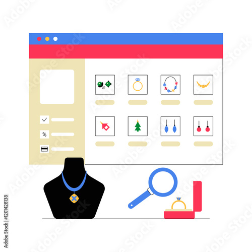 Jewelry E Commerce Website Interface With Product Display And Tools In Flat Vector Illustration Symbolizing Online Shopping And Jewelry Retail, Isolated On White Background