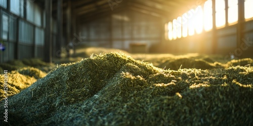 Silage production concept highlights the storage process for silage on a farm, focusing on fermented feed created for cattle. Effective silage production involves compacting chopped maize for optimal photo