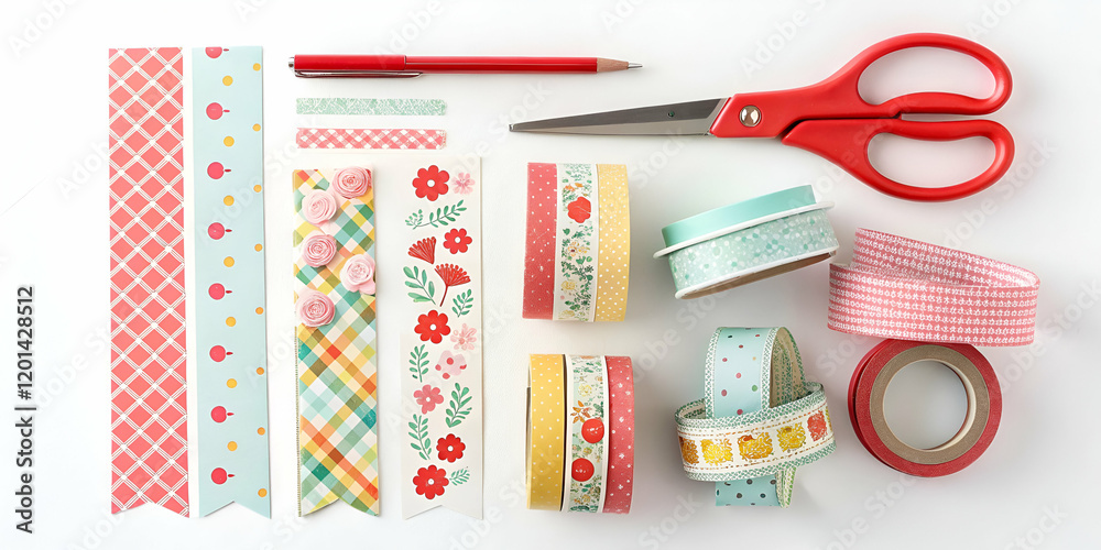A flat lay of scrapbooking materials with scissors, stickers, and ribbons A flat lay of scrapbooking materials with scissors, stickers, and ribbons