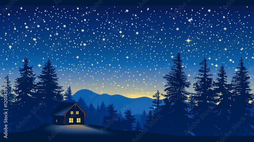 Naklejka premium A serene night scene featuring a cozy house under a starry sky and silhouetted trees.