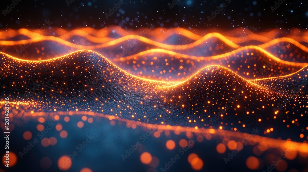 Abstract representation of glowing waves with vibrant orange and blue particles in a digital landscape Abstract representation of glowing waves with vibrant orange and blue particles in a digital landscape