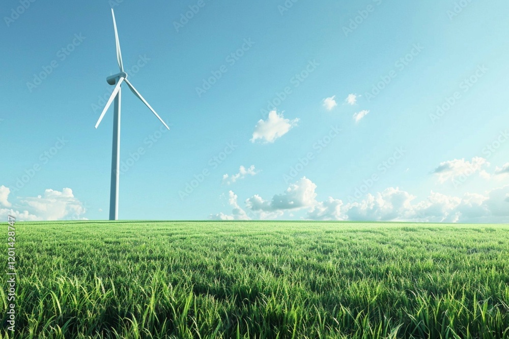 Wind turbine standing tall amidst a green meadow under a bright blue sky, symbolizing renewable energy, sustainability, and environmental care. Wind turbine standing tall amidst a green meadow under a bright blue sky, symbolizing renewable energy, sustainability, and environmental care.