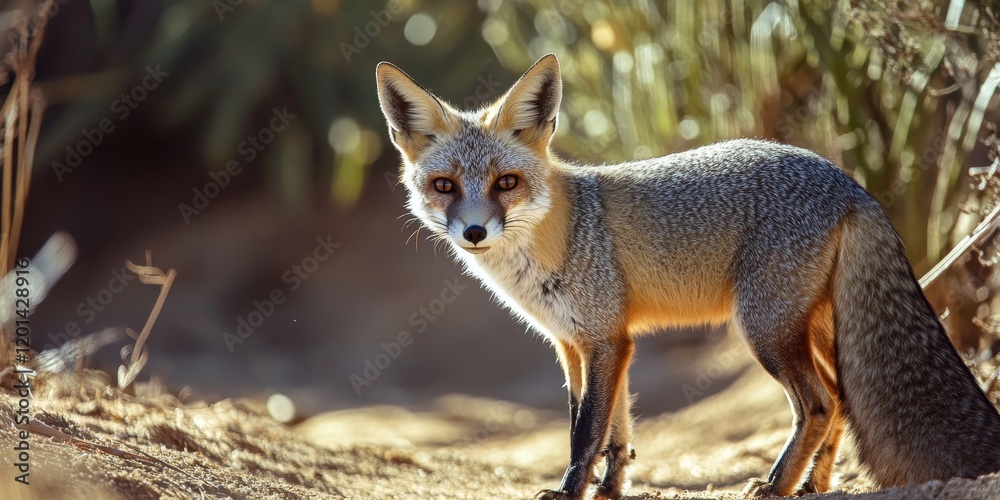 Fototapeta premium A male Gray Fox attentively observes his environment, showcasing the keen awareness and alert nature of the Gray Fox as it surveys its surroundings for any signs of activity.