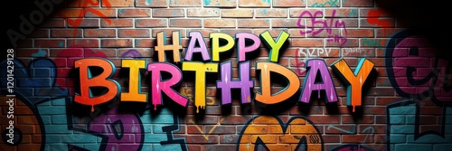 Colorful birthday greeting displayed on a vibrant graffiti wall in an urban setting during daytime photo