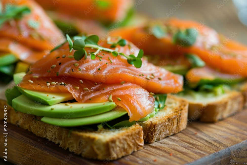 Smoked salmon, fresh avocado slices, and microgreens create a vibrant and healthy toast topping Smoked salmon, fresh avocado slices, and microgreens create a vibrant and healthy toast topping