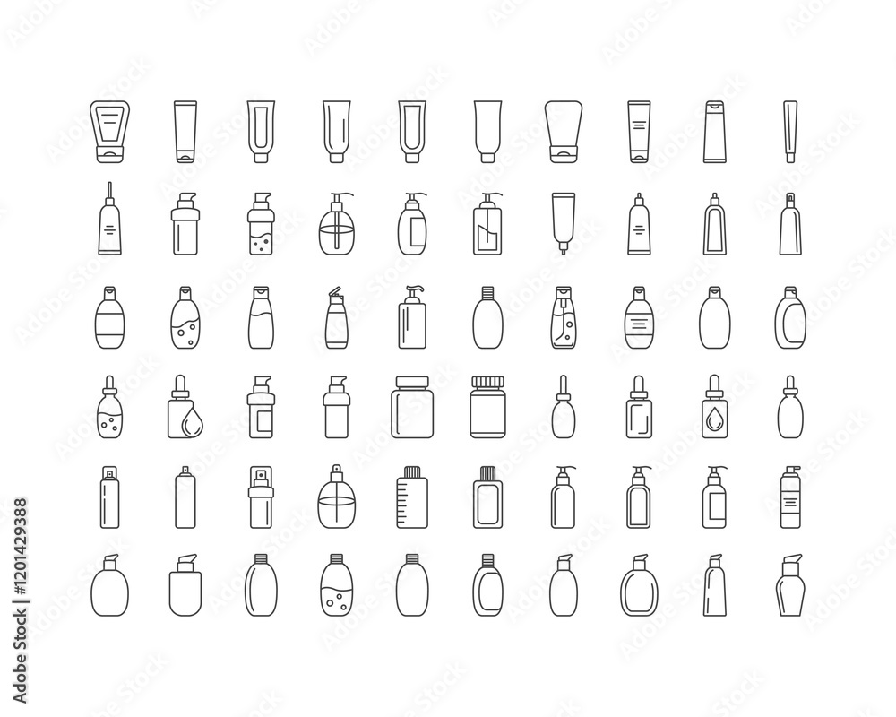 Collection vector icons of beauty, cosmetics and care. Bottle, jar, shower gel, face cream, body lotion, spray, ointment, paste.