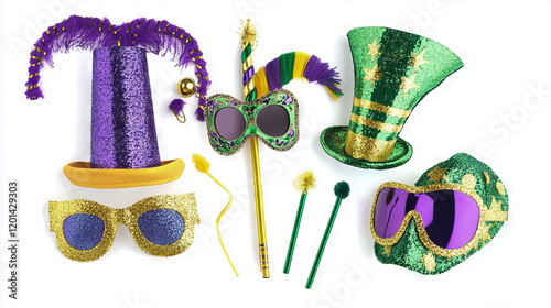 Vibrant Mardi Gras Accessories Collection with Glittery Hats and Masks. Concept of Festive Celebration, Carnival Spirit photo