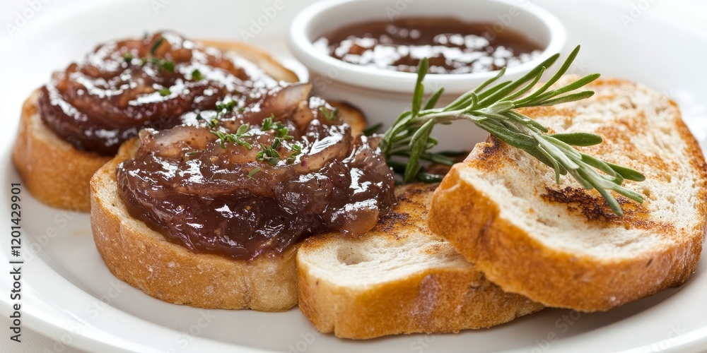 Duck liver pate served with French toasts and onion jam on a plate, isolated against a white background. Enjoy the rich flavors of duck liver pate complemented by the sweetness of onion jam. Duck liver pate served with French toasts and onion jam on a plate, isolated against a white background. Enjoy the rich flavors of duck liver pate complemented by the sweetness of onion jam.