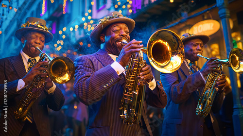 African American jazz band playing saxophones and trumpets during a vibrant Mardi Gras night parade. Concept of cultural heritage, festive music, lively celebration, tradition, artistic performance