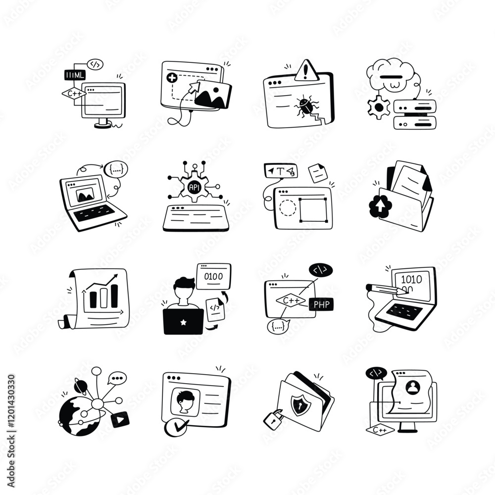 Hand drawn vector icons representing diverse elements of web development and programming