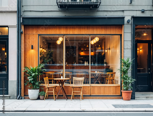 Cafe exterior with wooden facade, glass window display, street furniture, plant decoration. Small local coffee shop storefront