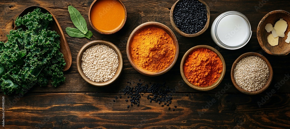 Flat lay of various spices, grains, and kale on wooden surface. Flat lay of various spices, grains, and kale on wooden surface.