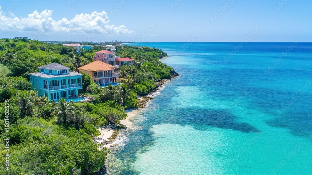 custom made wallpaper toronto digitalFrom above on a bright summer day, oceanfront homes nestle within lush greenery, their colorful facades contrasting with the sparkling sea.