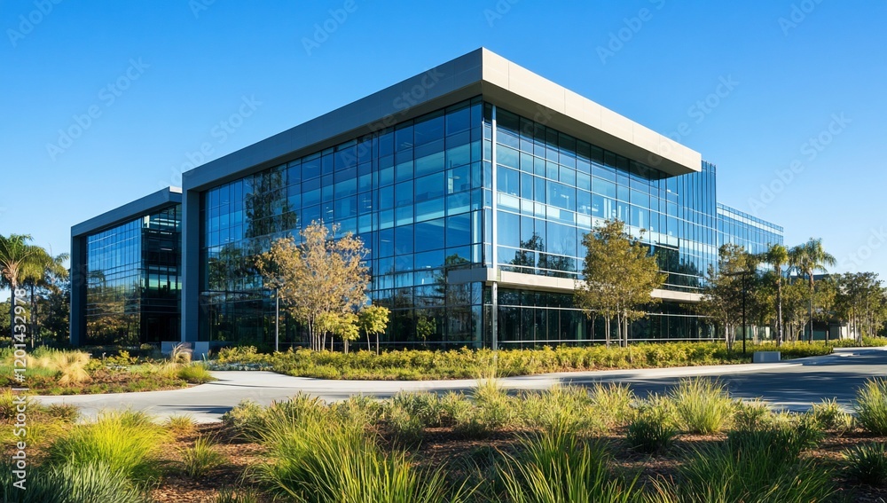 Modern glass office building with landscaping. Modern glass office building with landscaping.