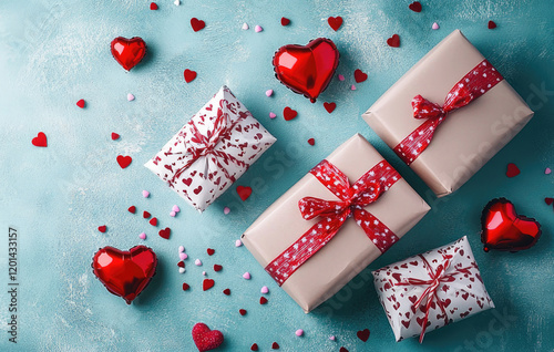 A beautifully arranged bannerwith red hearts and gift boxes, for celebrating on Valentines Day or anniversaries in a romantic setting.Flat lay photo