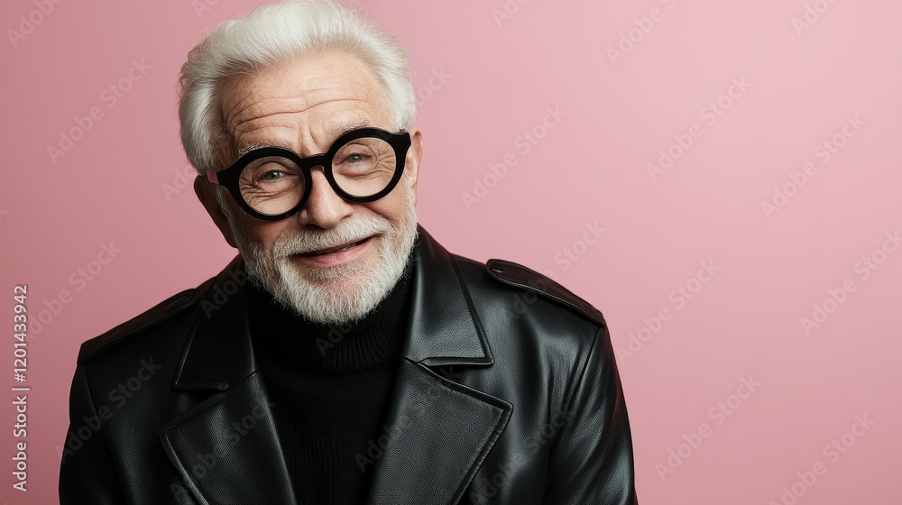 A man with gray hair and a beard wears stylish glasses and a black leather jacket, smiling confidently. The soft pink backdrop enhances his cheerful expression, creating a warm atmosphere A man with gray hair and a beard wears stylish glasses and a black leather jacket, smiling confidently. The soft pink backdrop enhances his cheerful expression, creating a warm atmosphere