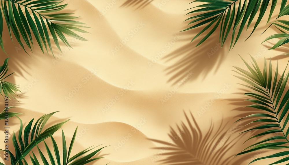 Fototapeta premium Tropical beach sand texture with palm leaves and shadows. (1)