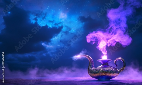 Magic lamp, genie smoke, night sky, fantasy wish