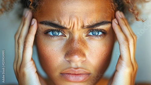 A young woman with curly hair shows intense frustration, holding her forehead with both hands. Her vivid blue eyes and furrowed brows reflect her emotional state