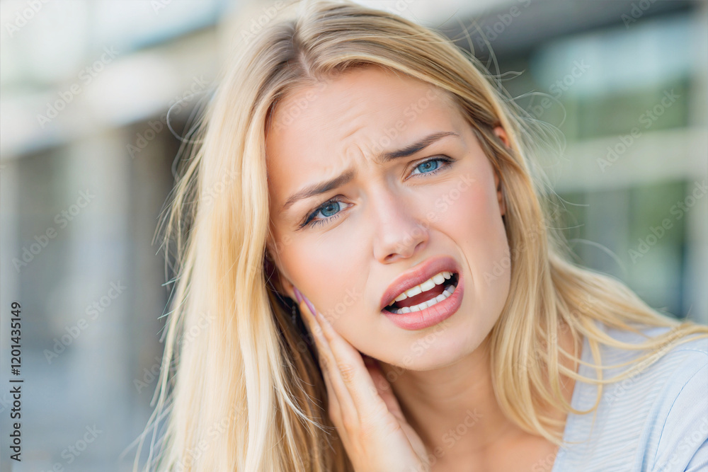 Portrait of young woman having a bad toothache, sore tooth, holding her face, painful expression, people at dentist