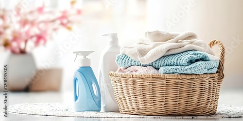 Folded Towels in Laundry Basket with Detergent and Softener